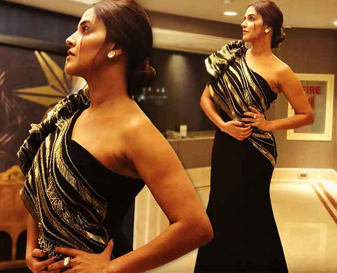 Neha dhupia black gown look