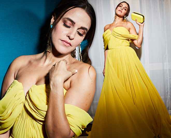 Neha dhupia floral yellow sandy look