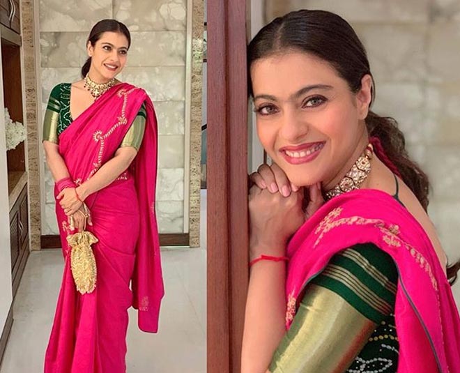 kajol navmi look hot pink saree