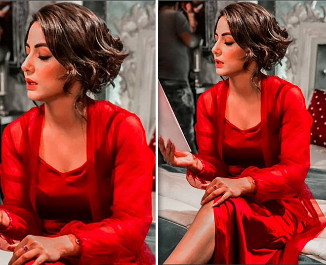 hina khan tv actor stylish pics red night gown insdie