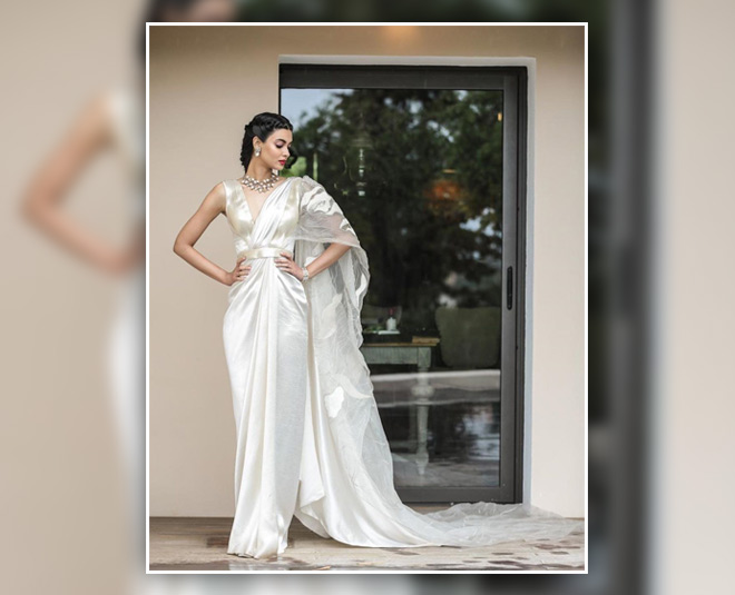 diana penty wears white and gold saree by amit aggarwal at cannes