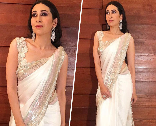 karishma kapoor white saree with less inside