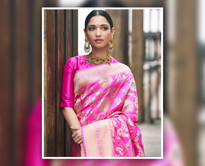 tamannah bhatia pink saree look