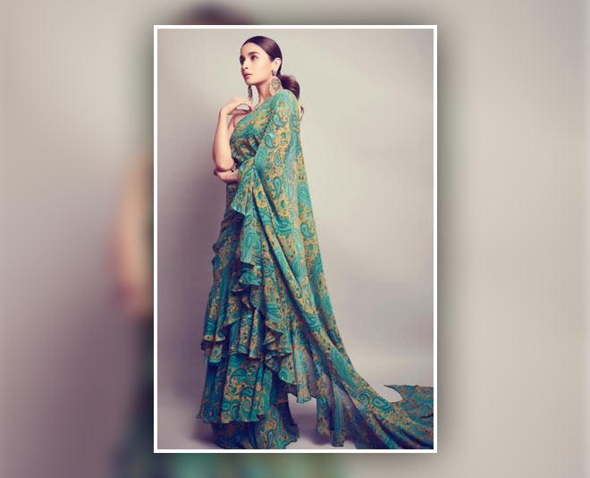 actresses green floral saree looks inside