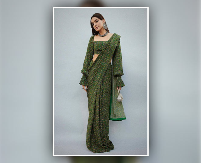 actresses green floral saree looks inside