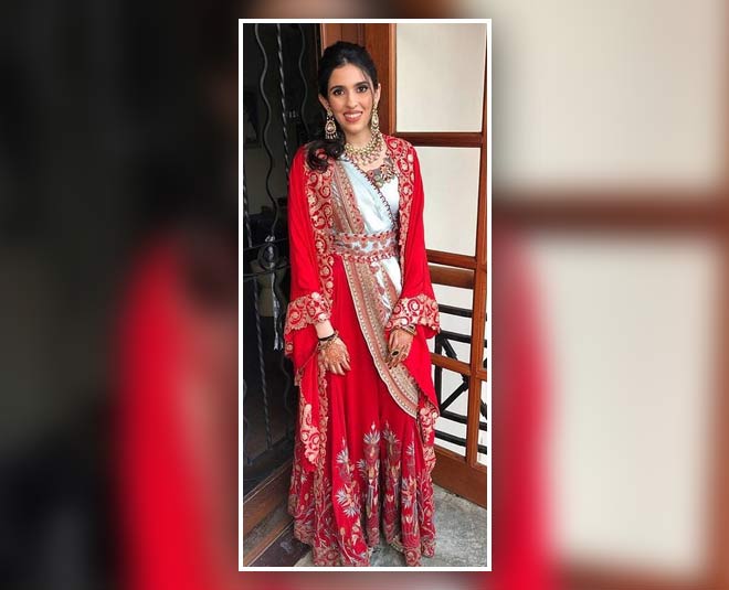 shloka red blue lehenga