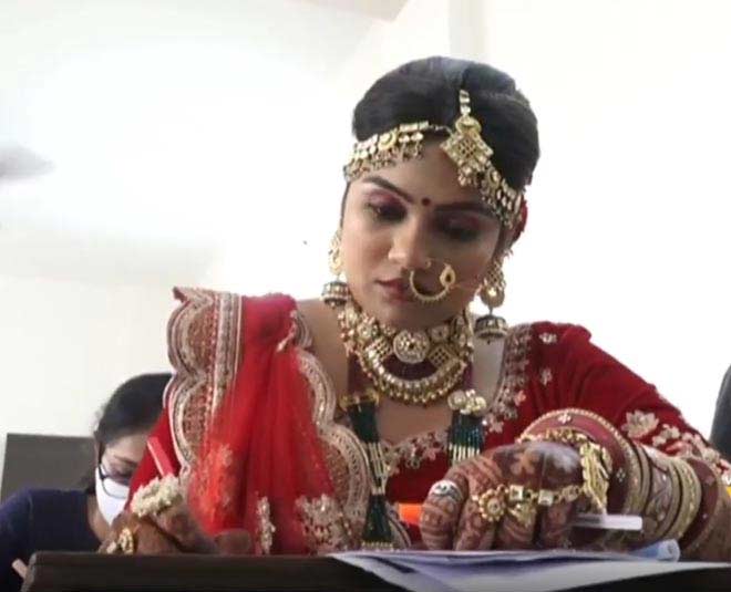 bride gave exam at wedding day