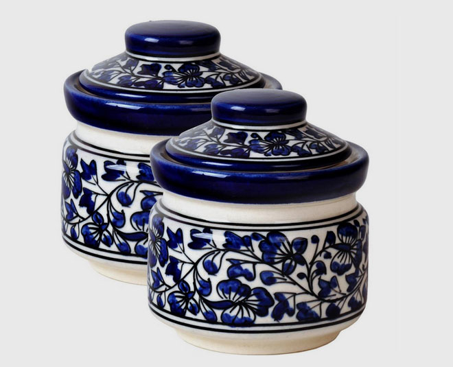 blue pottery kitchen jars