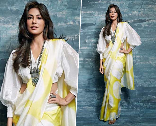 chitrangada singh inspired baloon pattern blouse saree