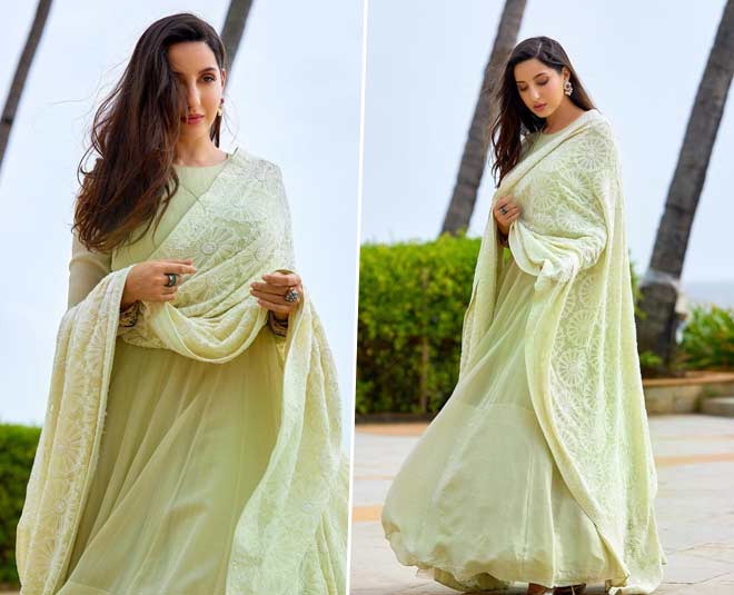 nora fatehi chikankari anarkali look