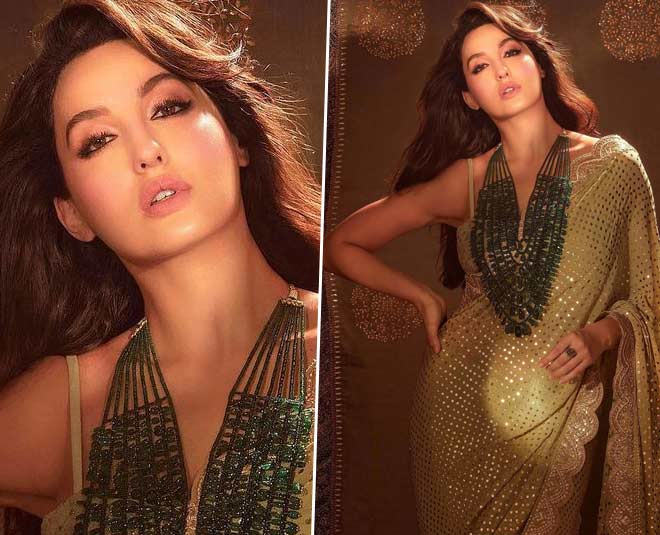 olive green saree nora fatehi ethnic looks