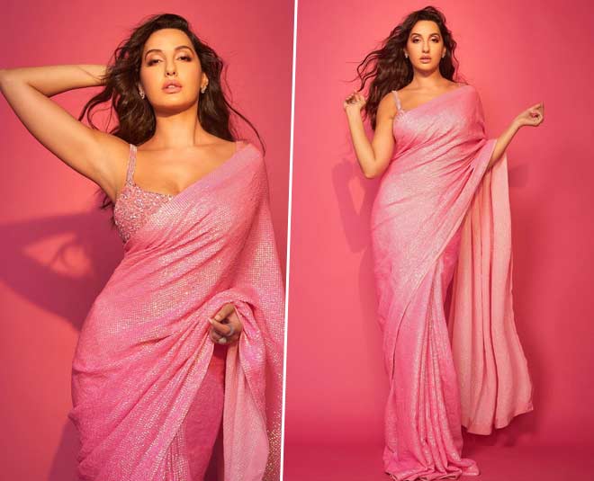 pink sequined saree nora fatehi ethnic look