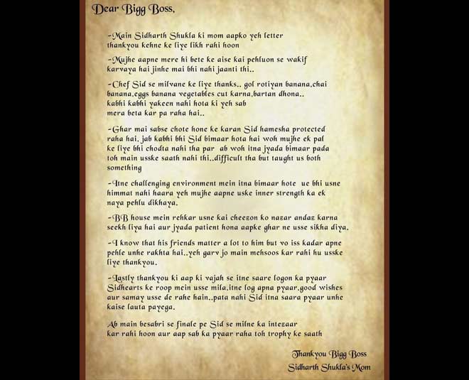 sidharth shukla mother letter picture