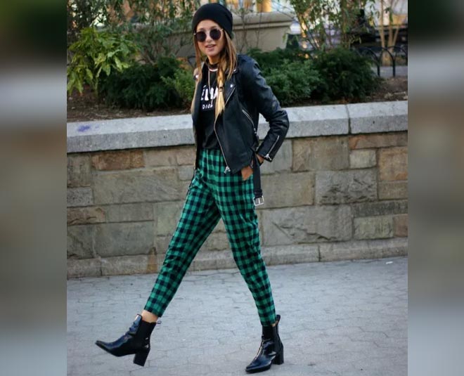 leather jacket and plaid leggings