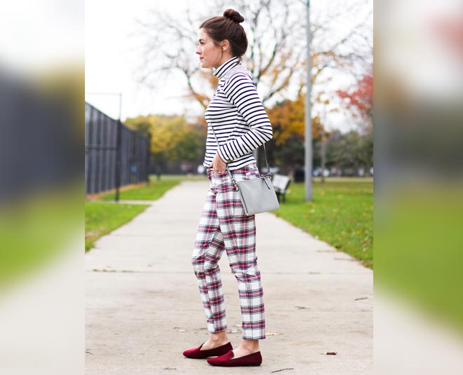 print on print with plaid leggings