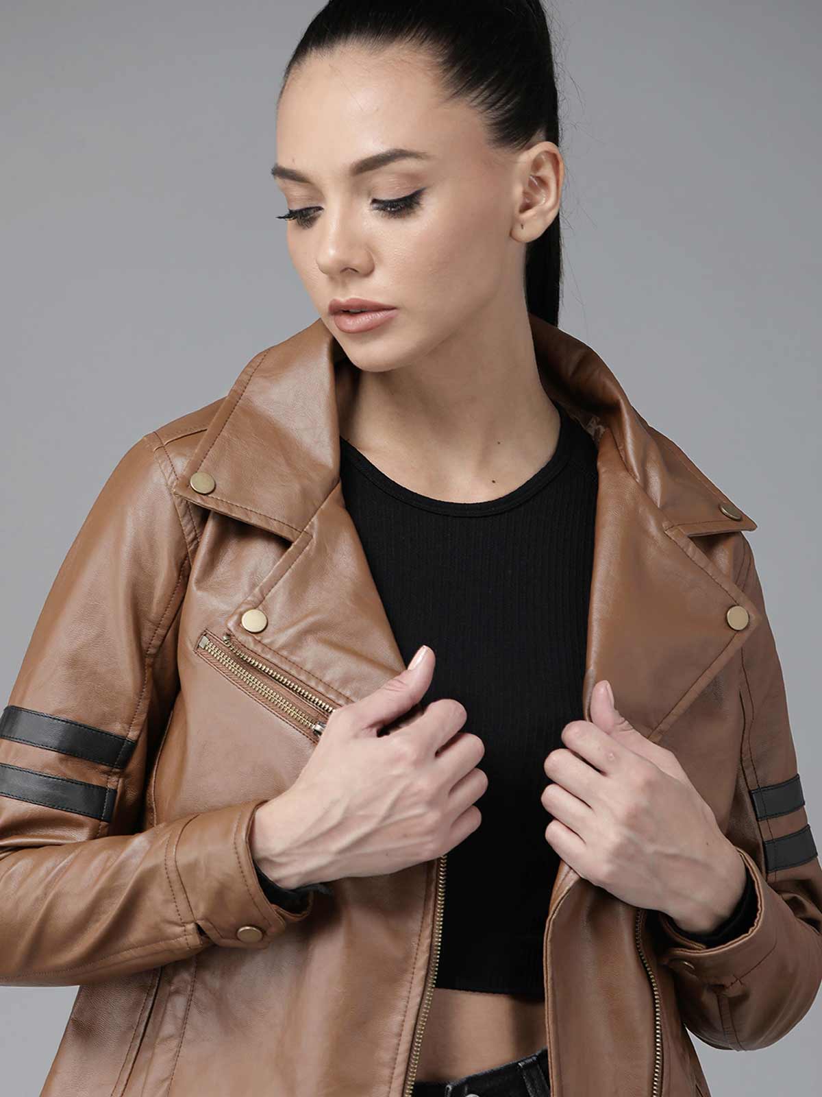 Brown Solid Leather Jacket