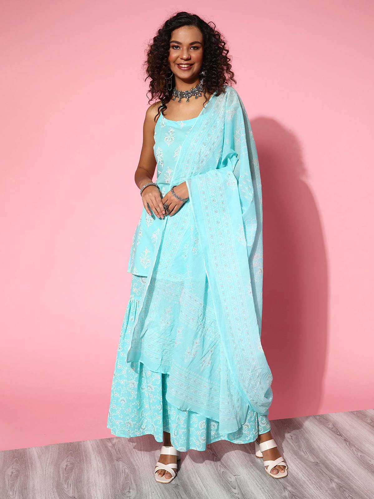 Floral Print Kurta with Sharara & Dupatta