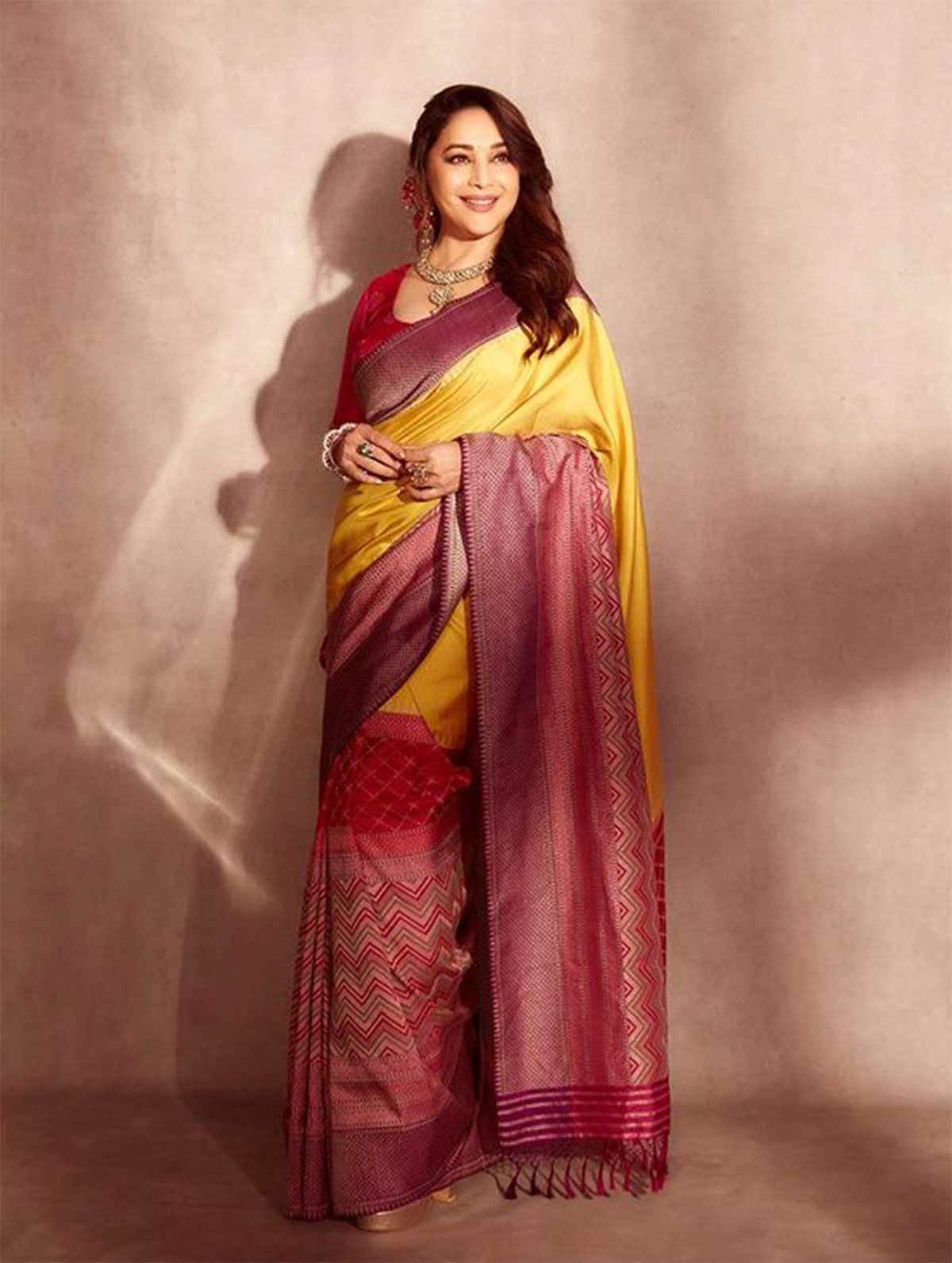 madhuri dixit in yellow green saree
