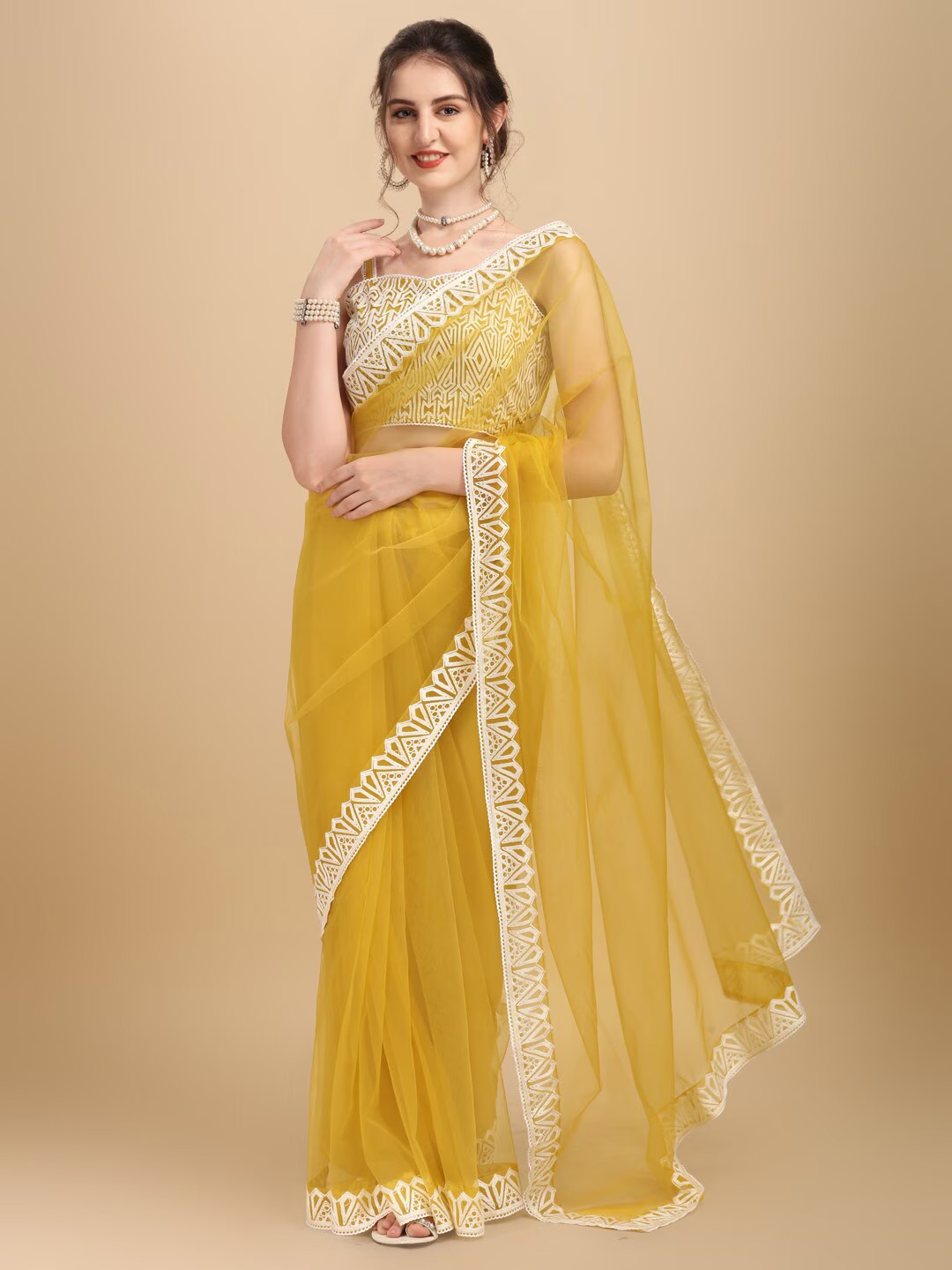 Yellow net saree