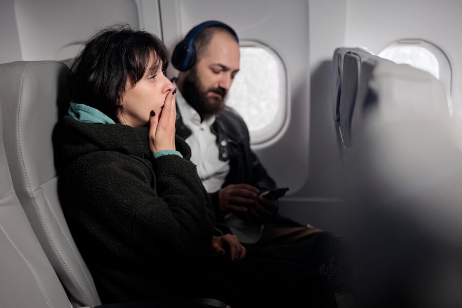 woman feeling tense scared about airplane takeoff being frightened about flying abroad travelling with international airways go holiday adventure commercial flight