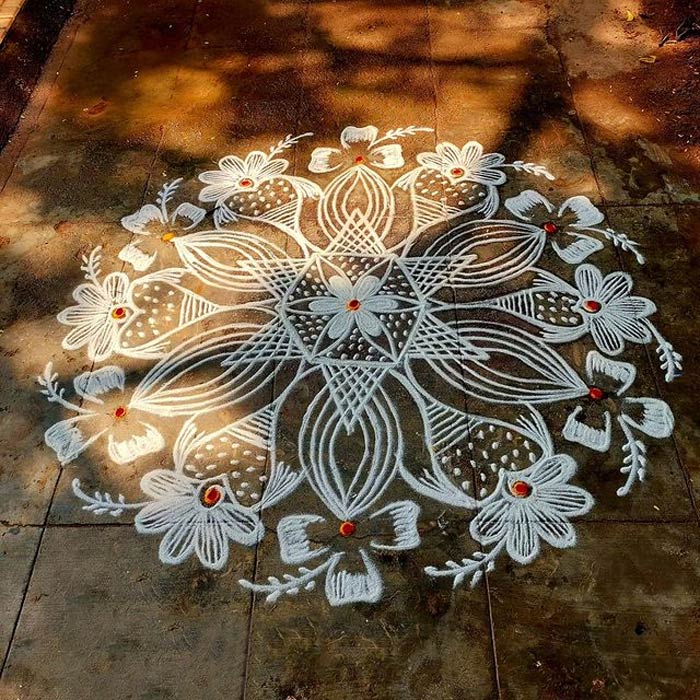 south indian rangoli with rice flour