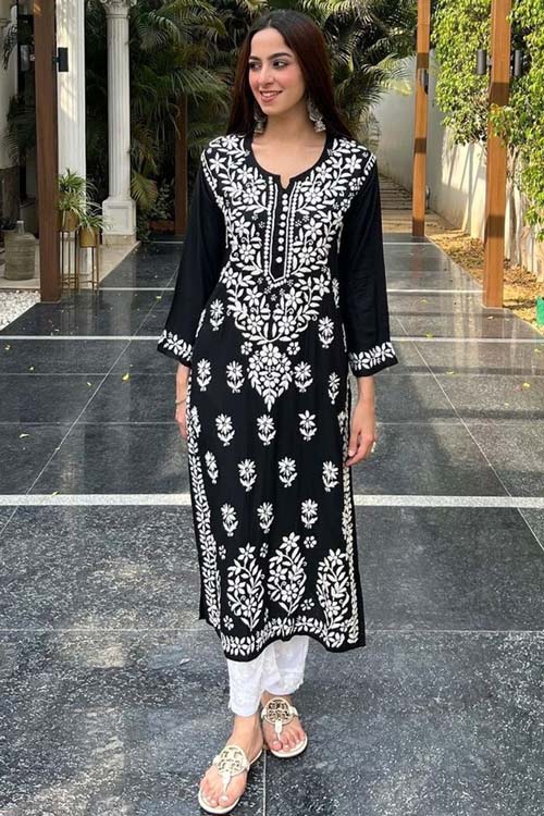 Black And White Lucknowi Kurti Design
