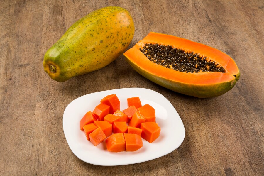 fresh cut juicy tropical papaya mamao fruit with seeds brazilian fresh fruits
