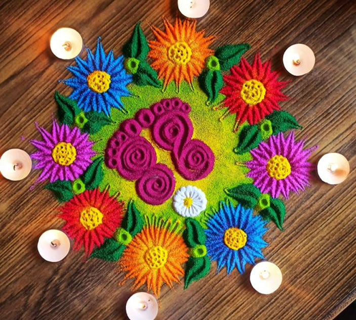 navratri rangoli using bottle cap