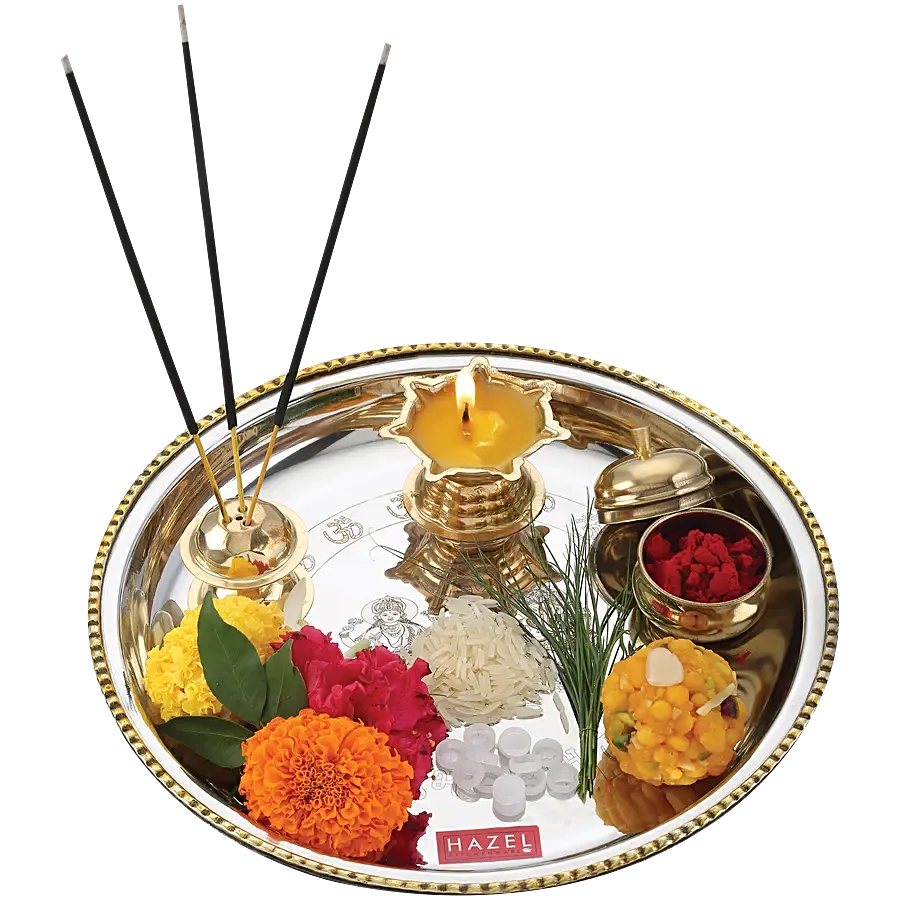 hazel stainless steel puja pooja aarti thali set cm with diya agarbatti incense holder kumkum vati silver