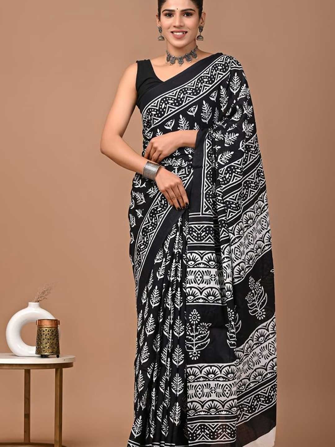Black And White Printed Cotton Saree