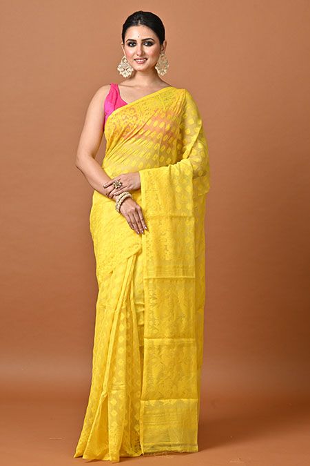 Dhakai Jamdani Yellow Cotton Saree