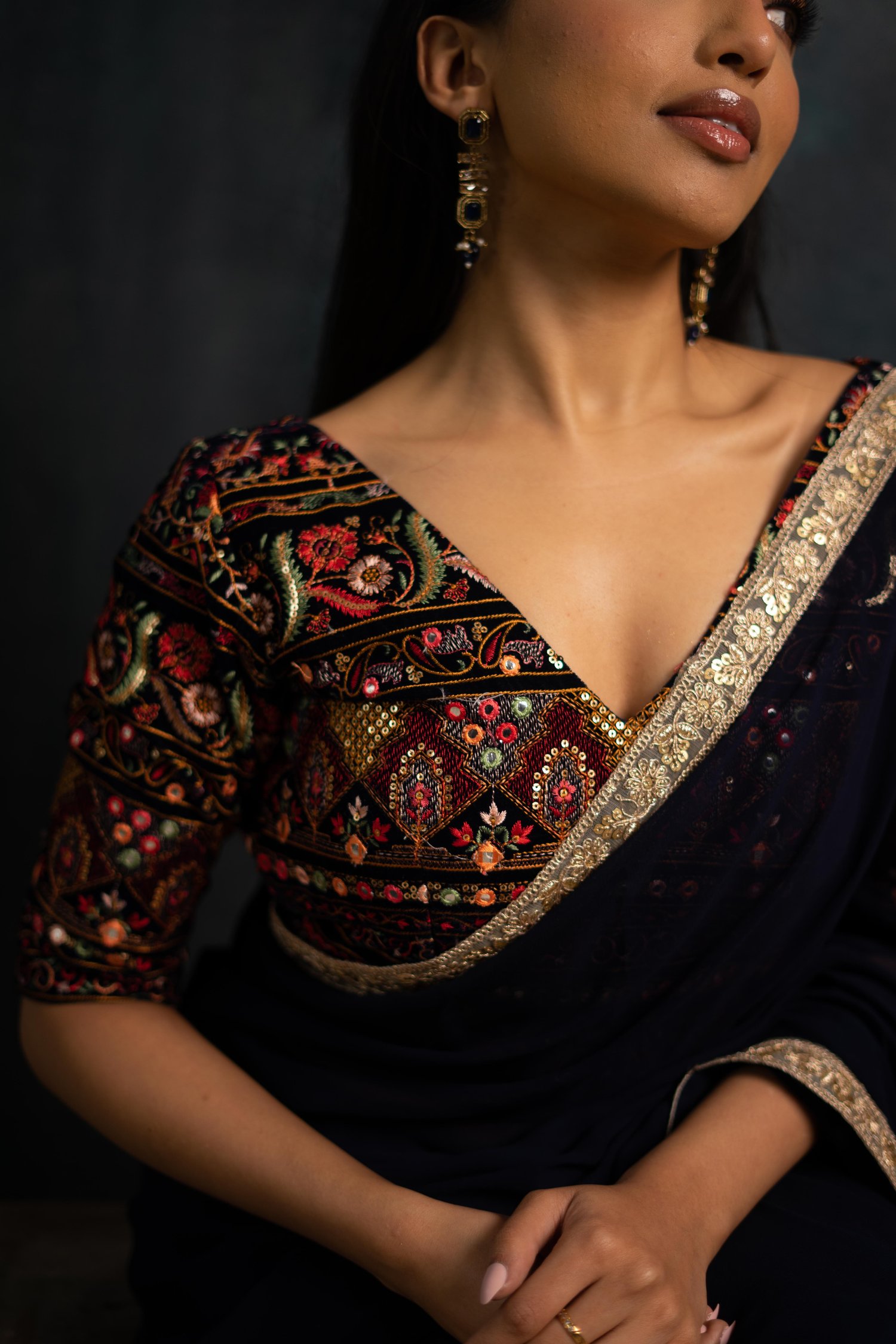 Embroidered Sequin Plain Black Saree Contrast Blouse Design