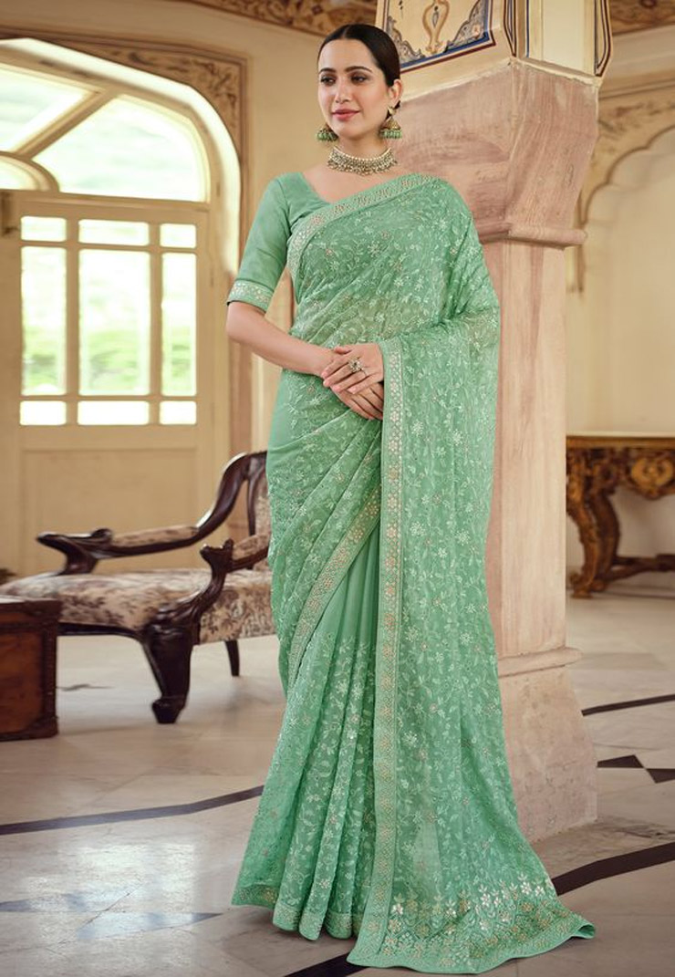 Net Green Saree