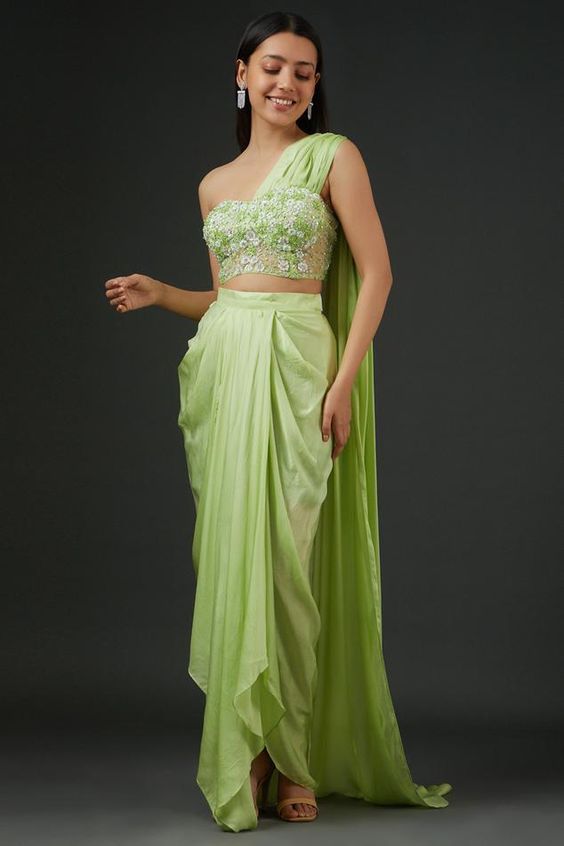 One Shoulder Floral Dhoti Skirt Set