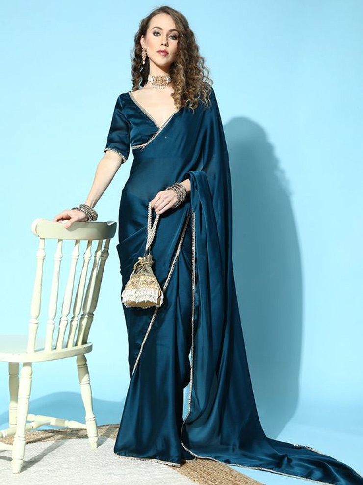 Persian Blue Satin Saree Design