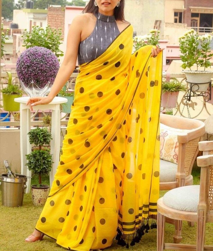 Polka Dot Yellow Cotton Saree Design