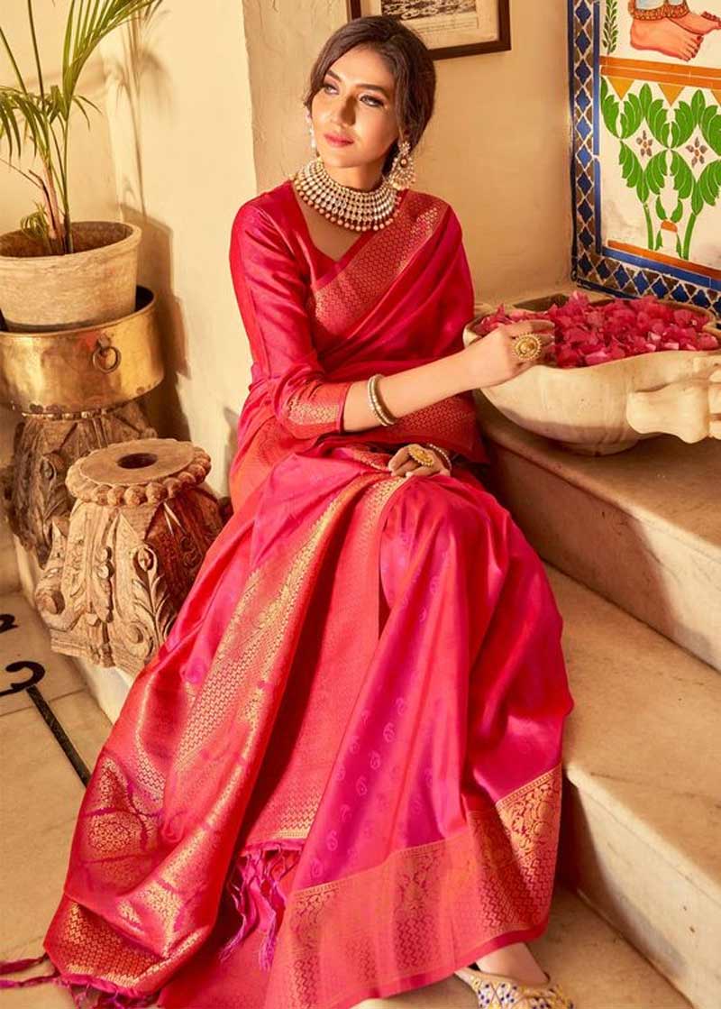 Red Plain Silk Saree Design