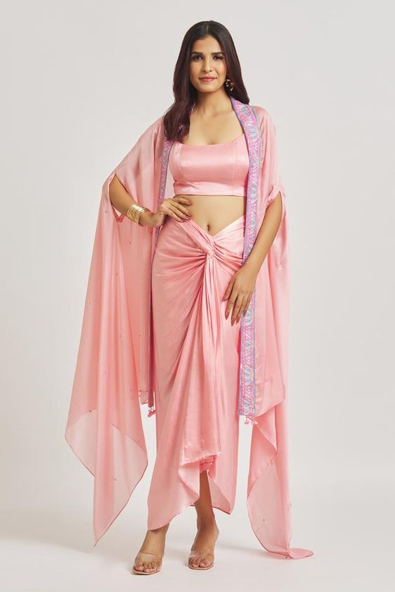 Satin Draped Dhoti Skirt With Crop Top And Shrug
