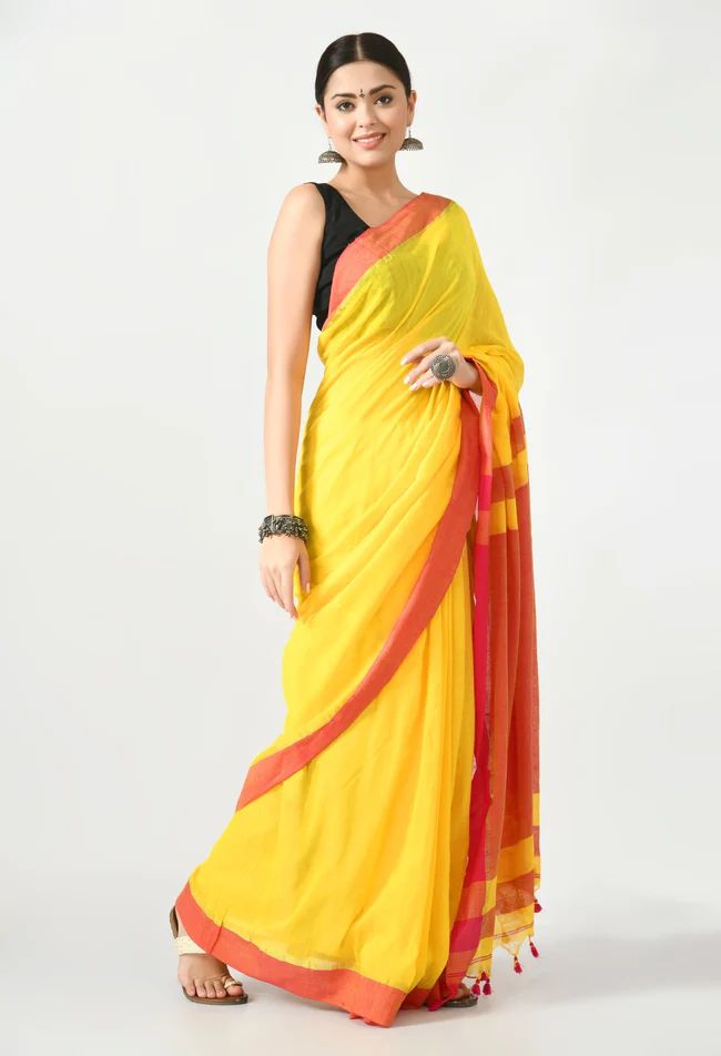 Yellow Cotton Saree With Red Border