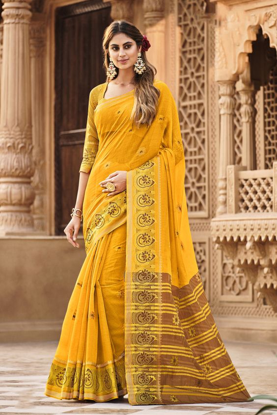 Yellow Pure Cotton Saree Design