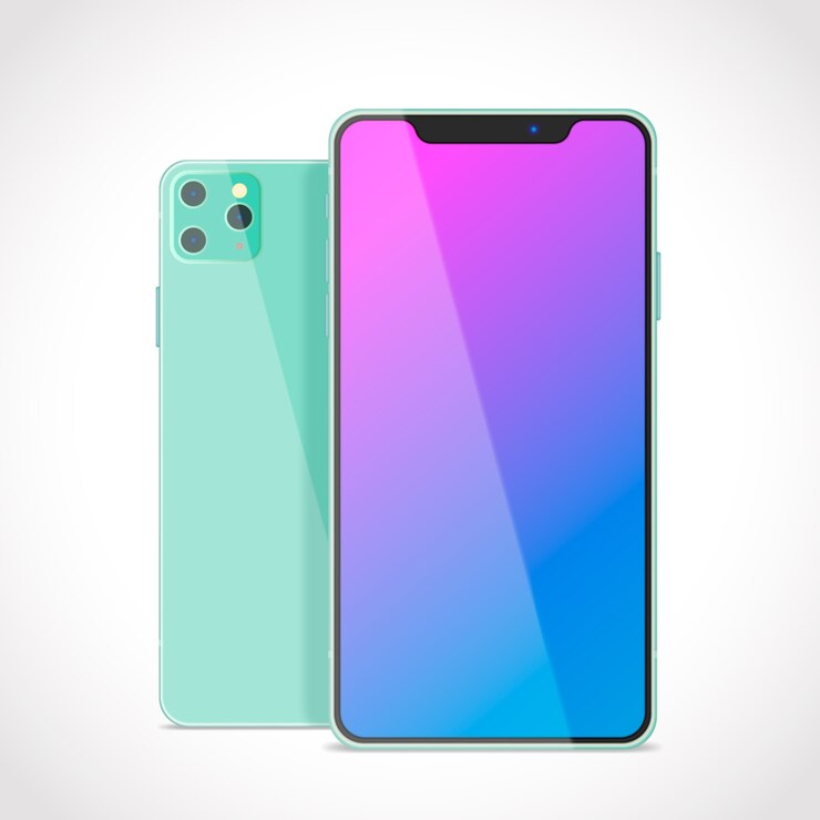 realistic design green smartphone with three cameras