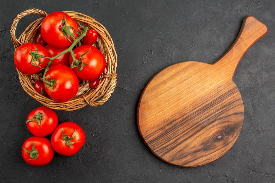 top view fresh red tomatoes inside basket