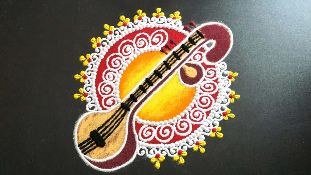 Saraswati Puja Veena Rangoli Design