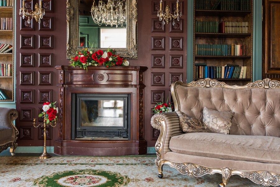 luxury interior home library sitting room with elegant furniture Vintage elements