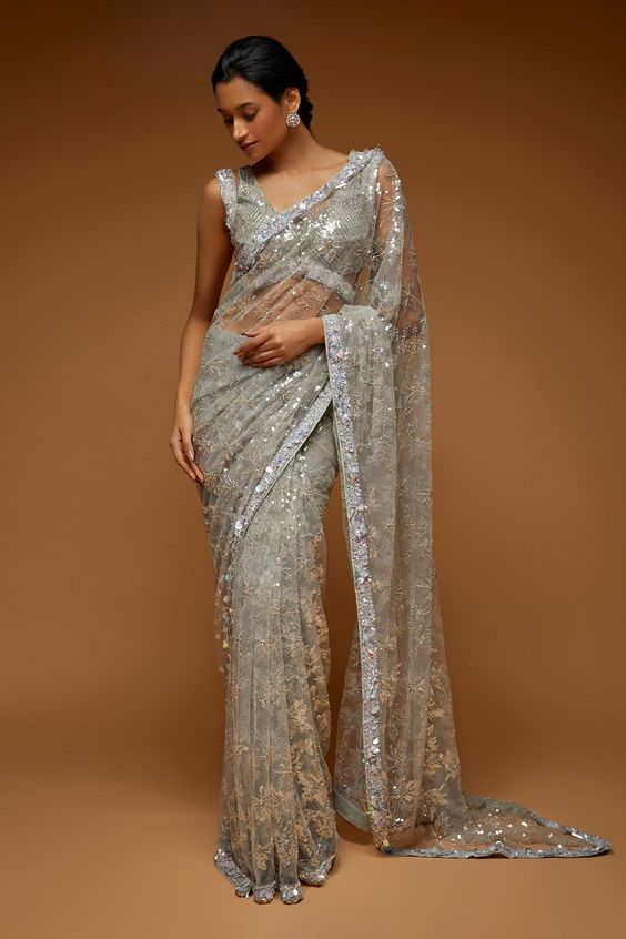 Blue Sheer Net Sequin Saree