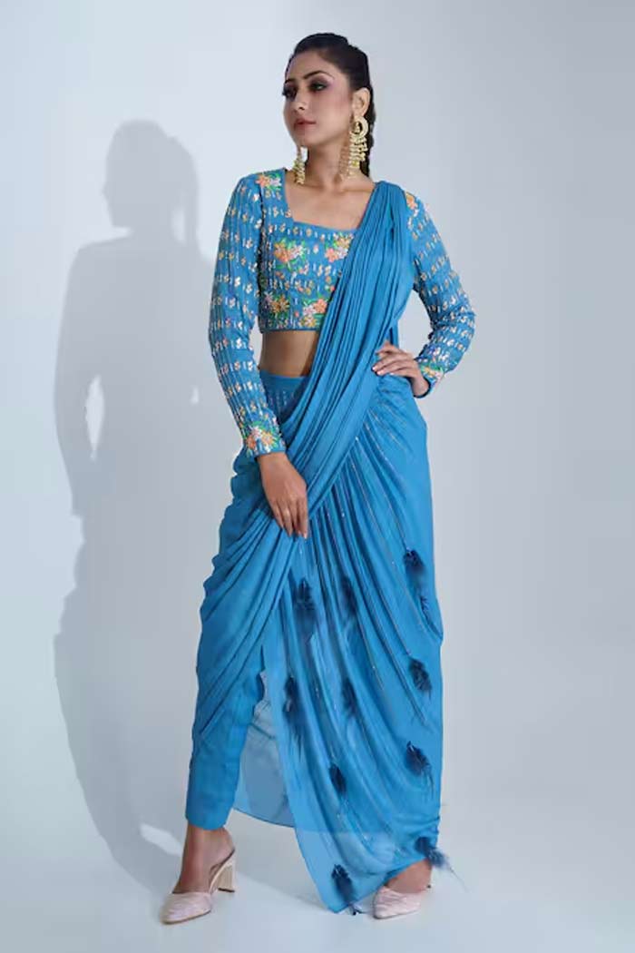 Blue colour pant saree