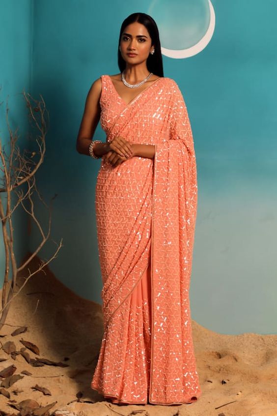 Embroidered Sequin Saree For Partywear