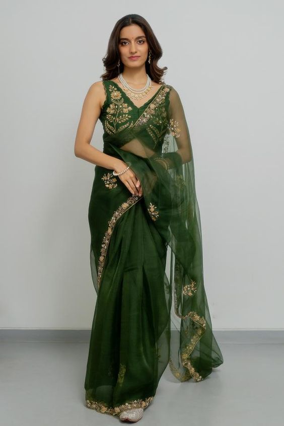 Floral Embroidered Green Saree For Sawan