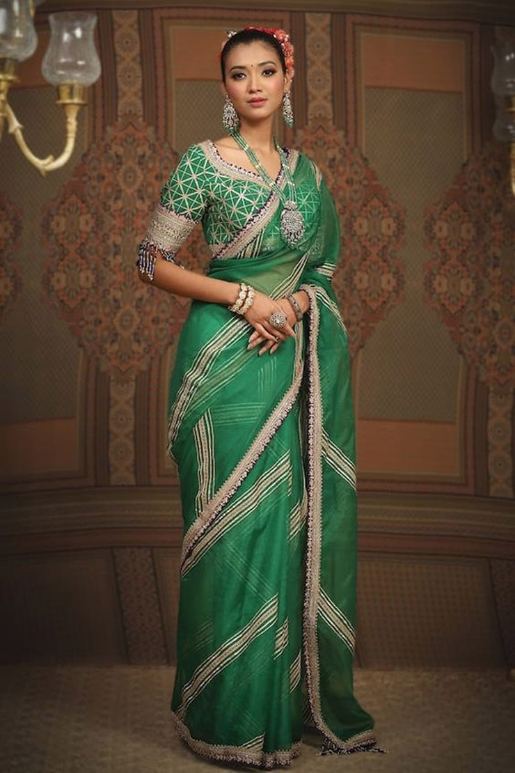 Green Golden Leheriya Saree Design