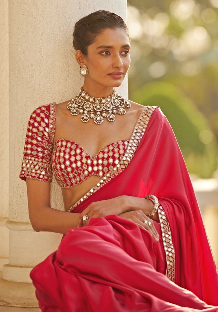 Mirror Work Satin Saree Blouse